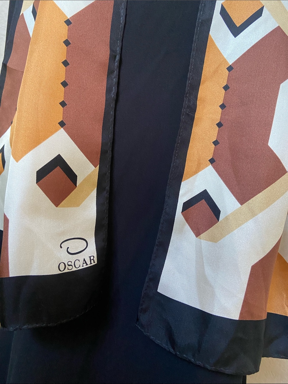Oscar de la Renta Geometric Silk Scarf in Shades of Brown & Cream, Black Border - Picture 4 of 12